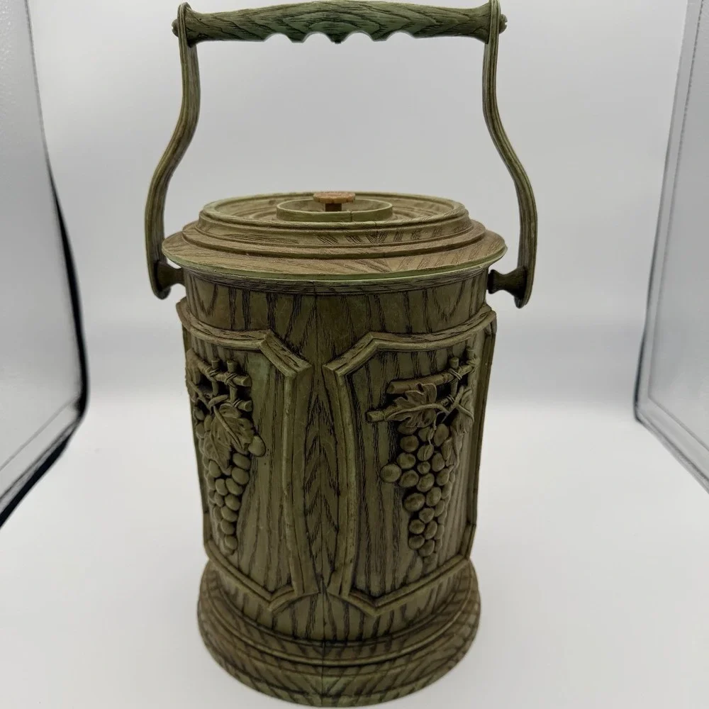 1960s Faux Woodgrain Ice Bucket Grape Cluster Motif Owen Corning Avocado Green